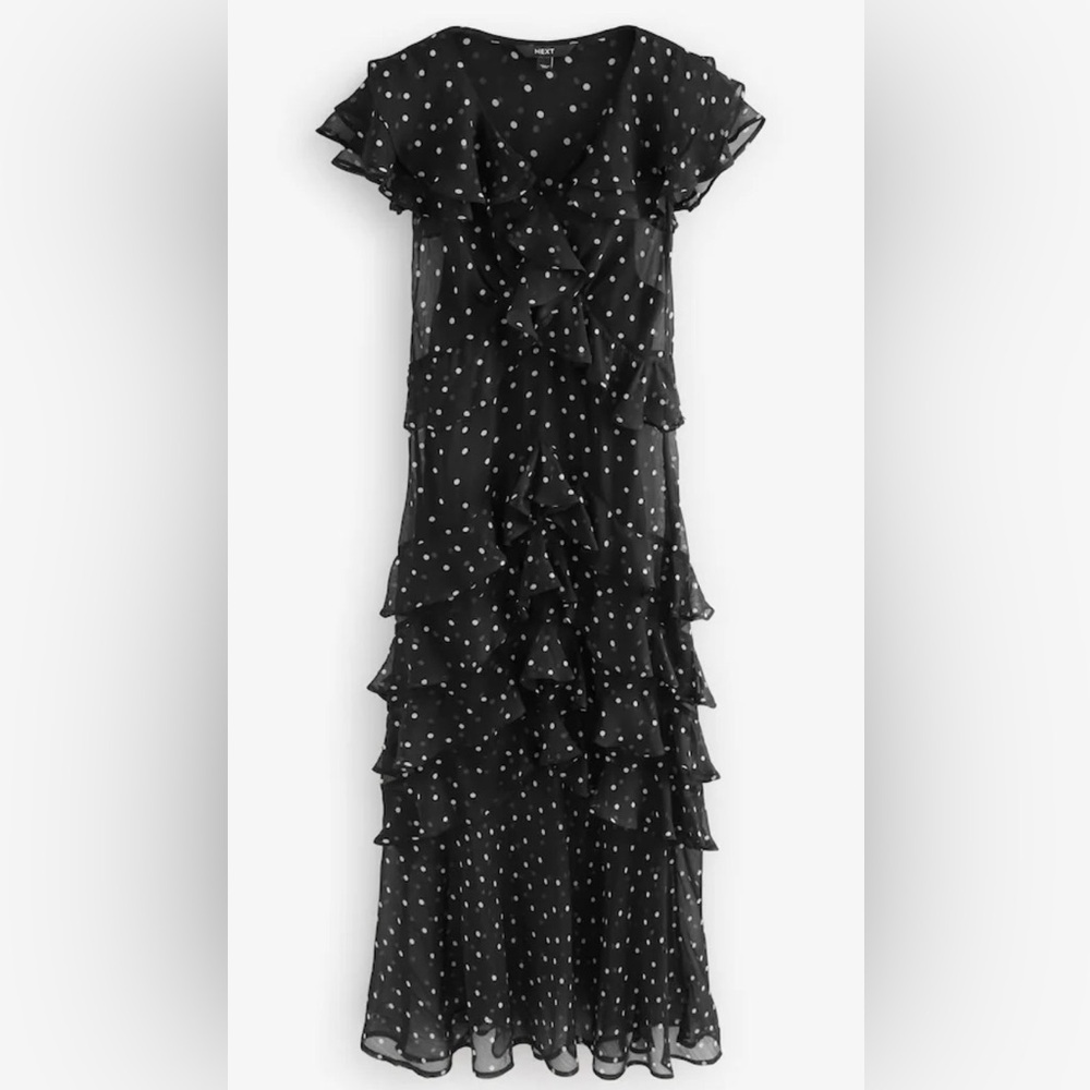 Next Black/White Polka Dot Short Sleeve Mesh Ruffle Maxi Dress NWT Sz US 8
